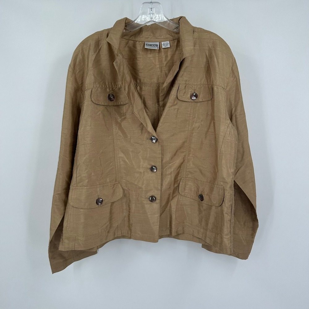 Chicos Women Quiet Luxury Silk Jacket Size 2 US L Gold Metallic‎ Old Money Light
